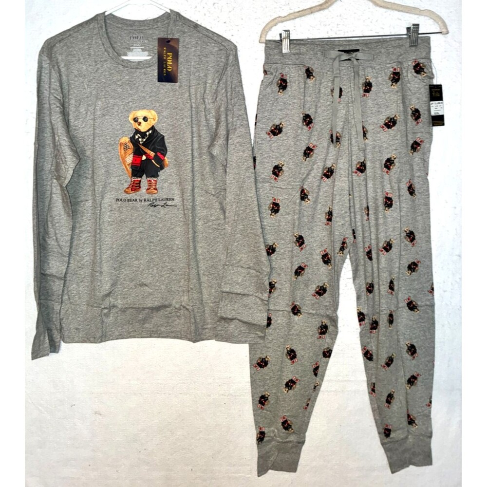 POLO RALPH LAUREN MENS sz S PAJAMA SET long sleeve shirt gray jogger pants BEAR